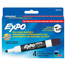 Expo Low Odor Dry Erase Bullet Tip Markers, Set of 4 (Black, Red, Blue, Green)