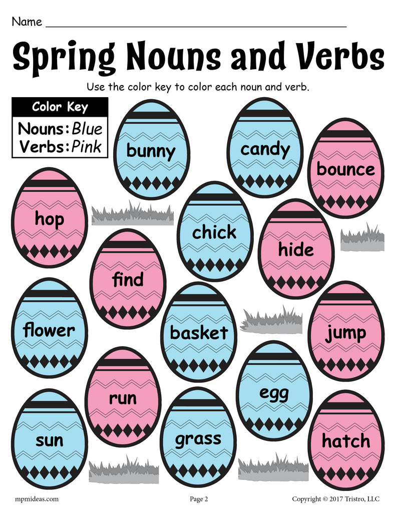 "Color the Spring Nouns and Verbs" - Printable Worksheet!