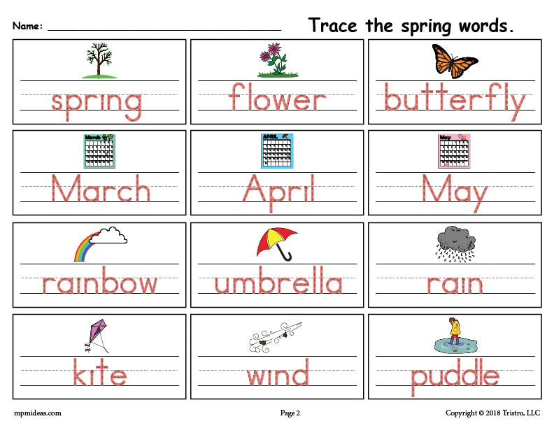 Printable Spring Words Handwriting & Tracing Worksheet!