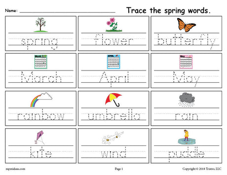 FREE Printable Spring Words Handwriting & Tracing Worksheet!