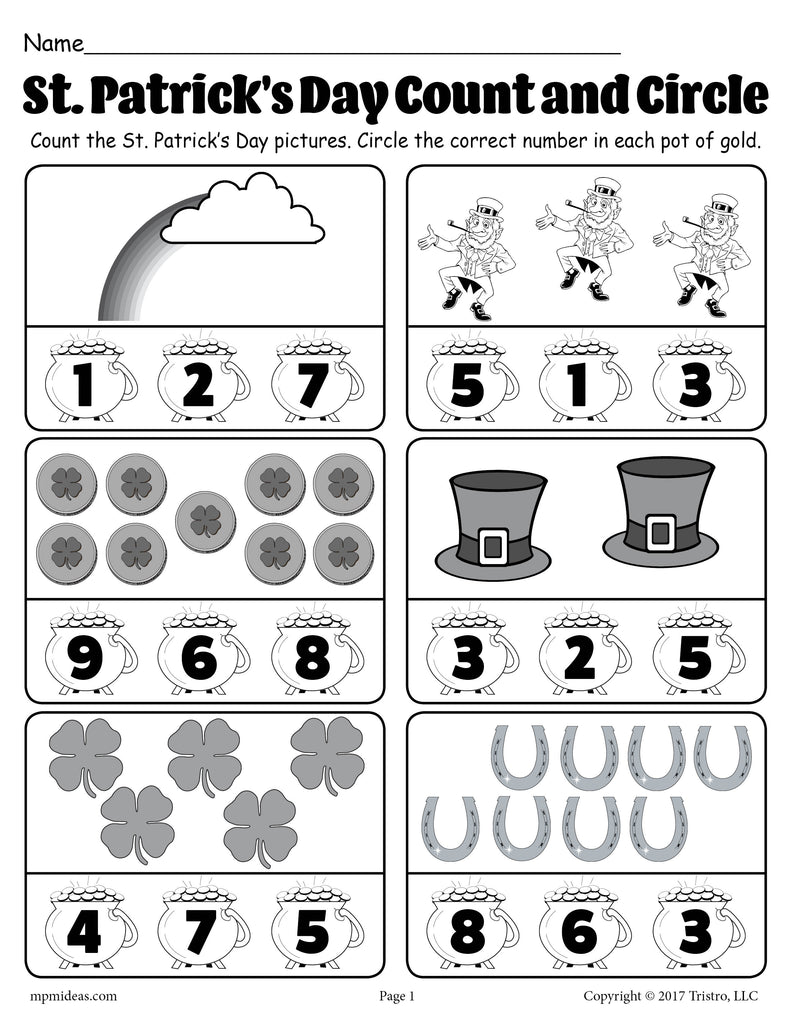 St. Patrick's Day Themed "Count and Circle" Counting Worksheet!