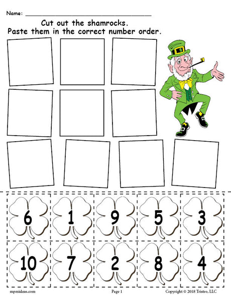 FREE Printable St. Patrick's Day Shamrock Number Ordering Worksheet Numbers 1-10!