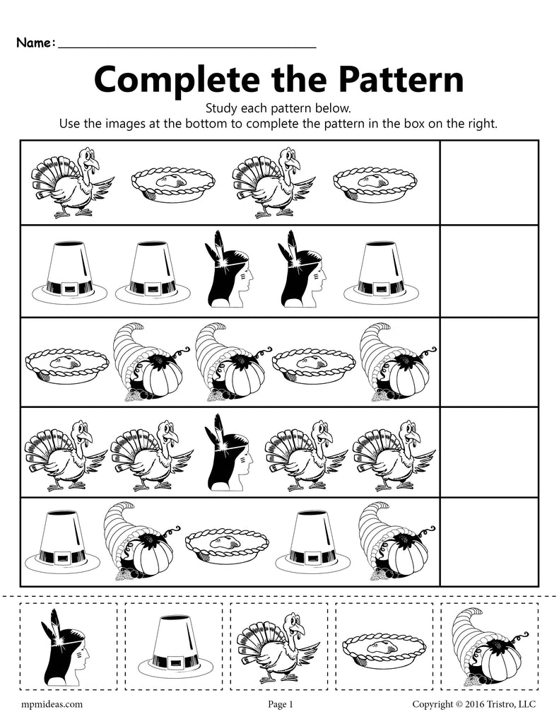 "Complete the Pattern" Printable Thanksgiving Themed Worksheet!