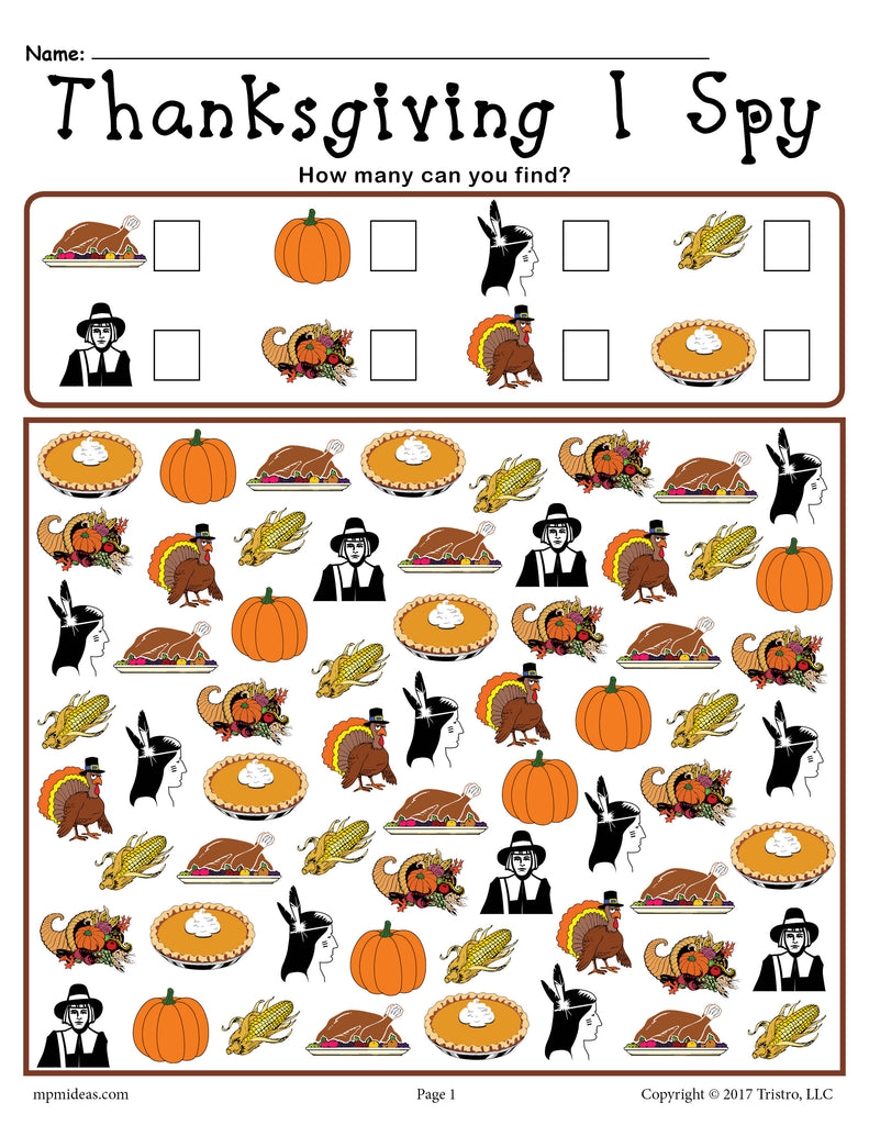 Thanksgiving I Spy - FREE Printable Thanksgiving Counting Worksheet!