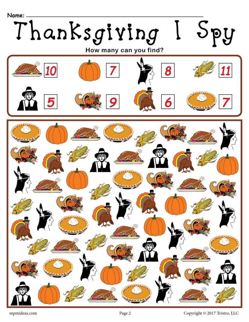Thanksgiving I Spy - Printable Thanksgiving Counting Worksheet!