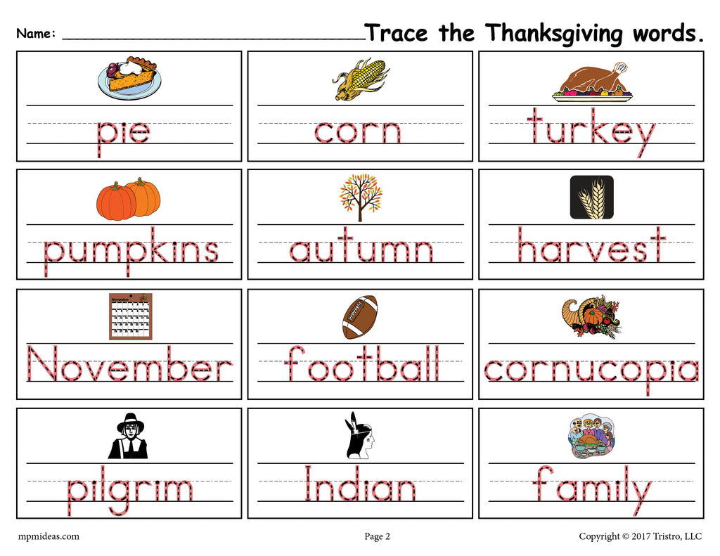 Printable Thanksgiving Words Handwriting & Tracing Worksheet!