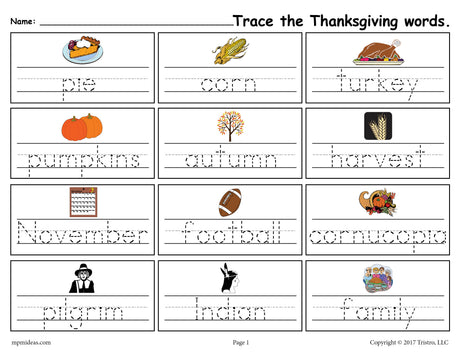 FREE Printable Thanksgiving Words Handwriting & Tracing Worksheet!
