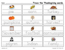 FREE Printable Thanksgiving Words Handwriting & Tracing Worksheet!