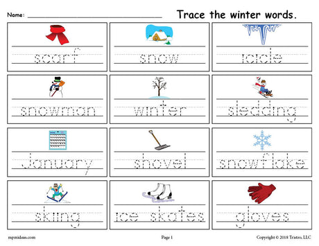FREE Printable Winter Words Handwriting & Tracing Worksheet!