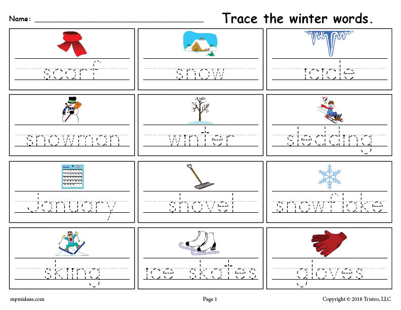 Printable Winter Words Handwriting & Tracing Worksheet!