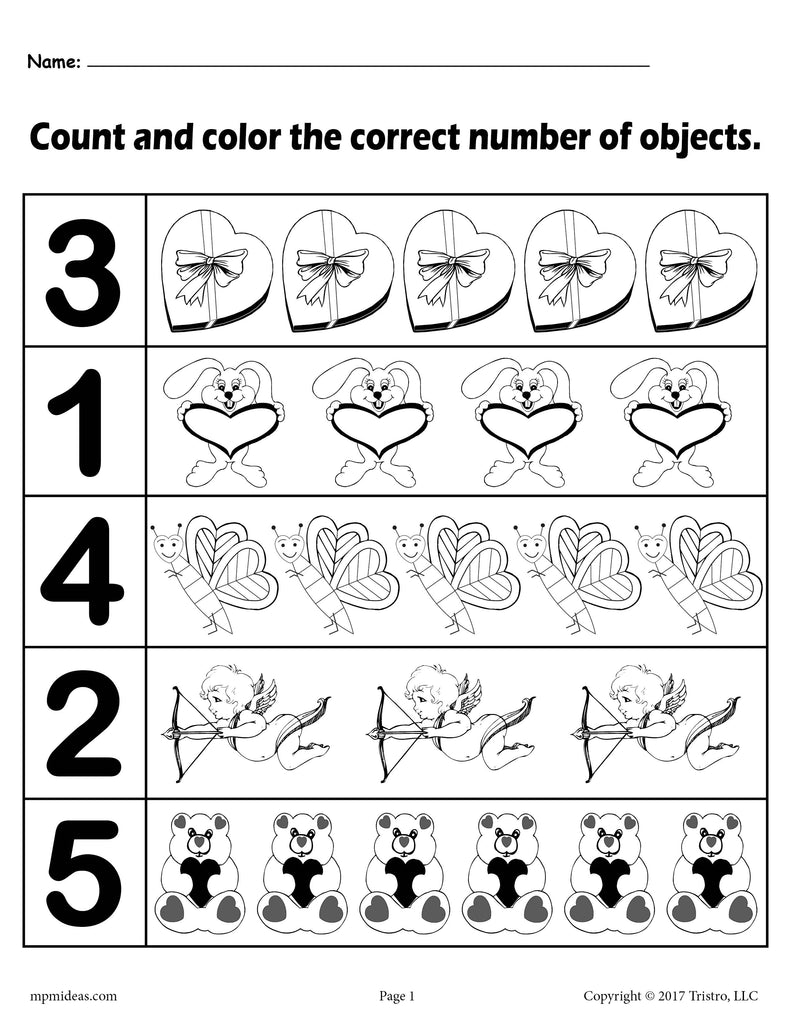 Valentine's Day "Count and Color" Worksheets - (3 Printable Versions)!