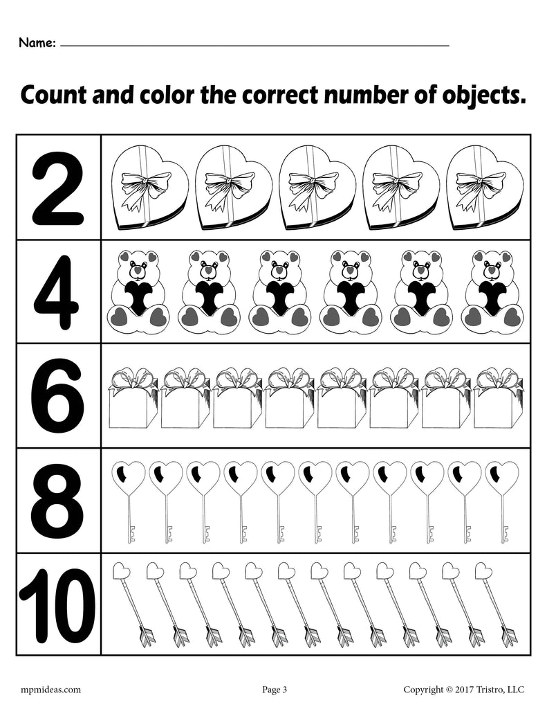 Valentine's Day "Count and Color" Worksheets - (3 Printable Versions)!
