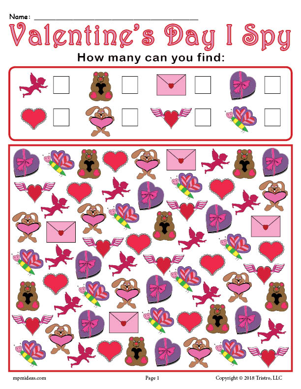 Valentine's Day I Spy - FREE Printable Valentine's Day Counting Worksheet!