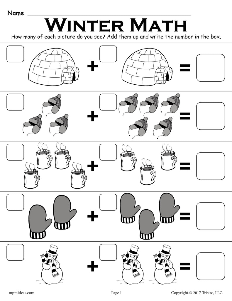 Winter Themed "Addition With Pictures" Math Worksheet!
