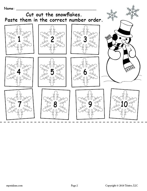 Printable Snowflake Number Ordering Worksheet Numbers 1-10!
