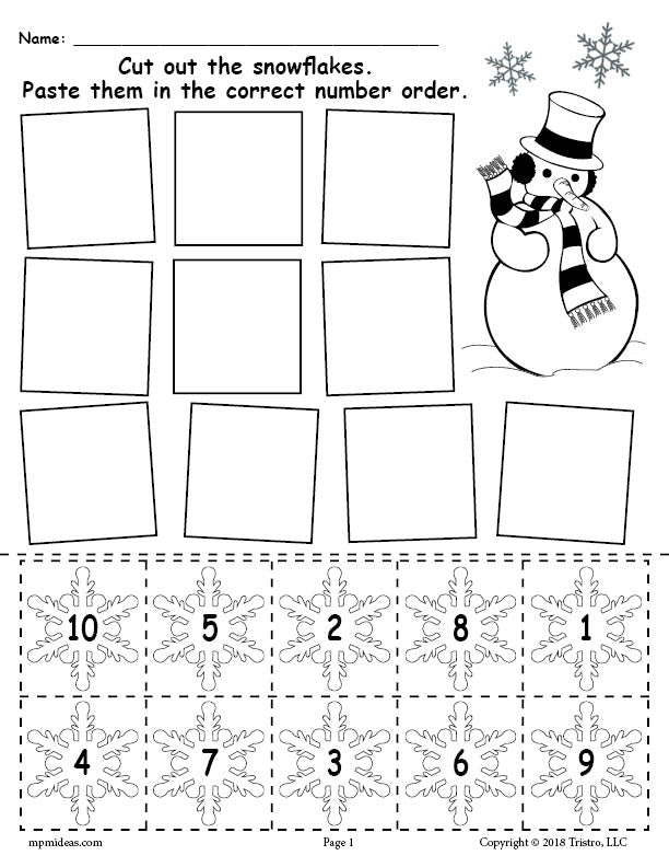 FREE Printable Snowflake Number Ordering Worksheet Numbers 1-10!