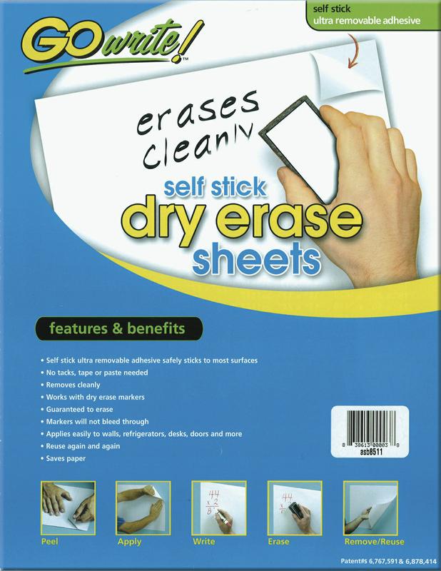 GoWrite!® Dry Erase Sheets, 8 1/2" x 11" Adhesive, 30 Sheets
