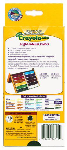 Crayola 68-4012 Long Colored Pencils Assorted Colors 12 Count Pack