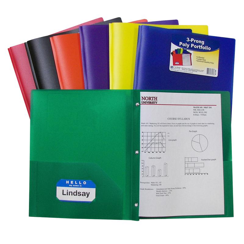 Two Pocket Poly Portfolios, 36 Per Box, Assorted With Prongs