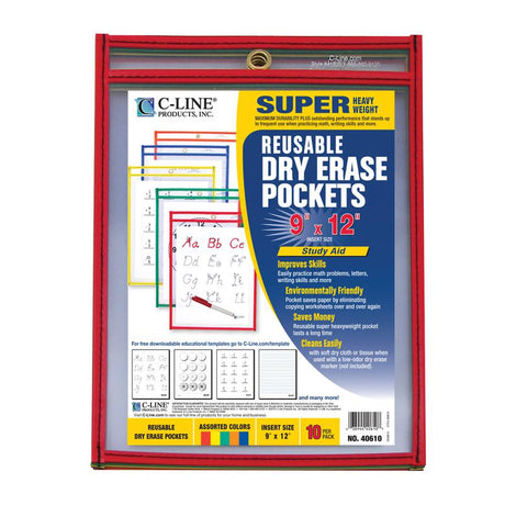 C Line Reusable 10Pk 9 x 12 Dry Erase Pockets Assorted Primary