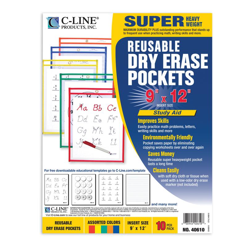 C Line Reusable 10Pk 9 x 12 Dry Erase Pockets Assorted Primary