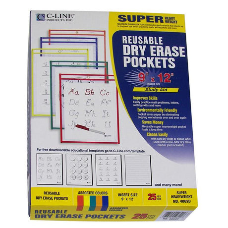 Reusable Dry Erase Pockets, 25 Per Box, Assorted Primary 9 x 12