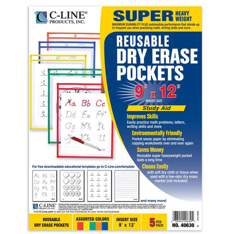 Reusable Dry Erase Pockets, 5 Per Box, Assorted Primary 9 x 12