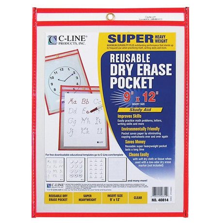 C Line Reusable Dry Erase Pocket, Red Neon 9 x 12