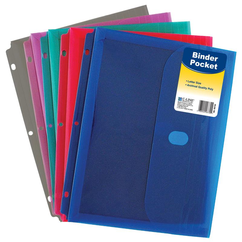 Binder Pocket With Velcro Closure, Assorted Colors