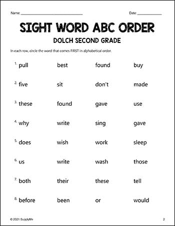 Second Grade Sight Words Worksheets - ABC Order, All 46 Dolch 2nd Grade Sight Words