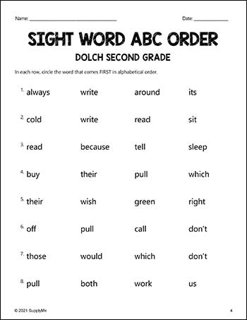 Sight Words Worksheets - ABC Order, All 220 Dolch Sight Words, Grades PreK-3