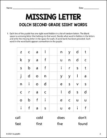 Second Grade Sight Words Worksheets - Missing Letter, All 46 Dolch 2nd Grade Sight Words