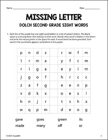 Second Grade Sight Words Worksheets - Missing Letter, All 46 Dolch 2nd Grade Sight Words