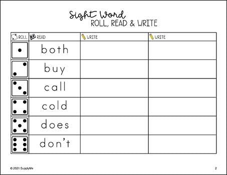 Sight Word Worksheets - Roll, Read, And Write, Includes All 220 Dolch Sight Words, 7 Variations, Grades PreK-3