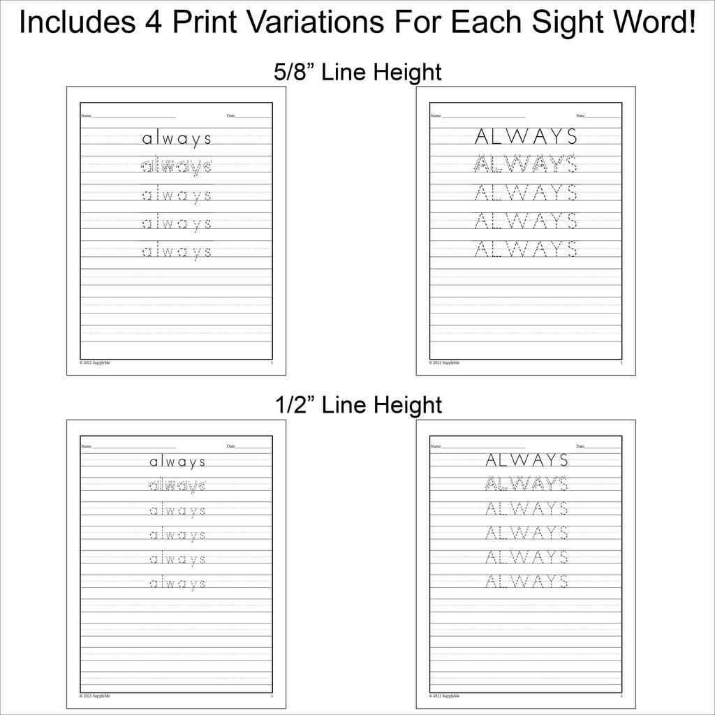 Second Grade Sight Words Tracing Worksheets, All 46 Dolch 2nd Grade Sight Words, 10 Variations (Print, D'Nealian, And Cursive), 460 Total Pages