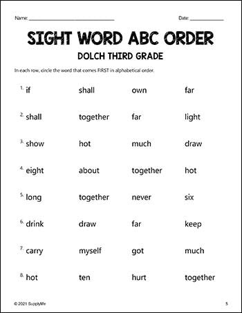 Sight Words Worksheets - ABC Order, All 220 Dolch Sight Words, Grades PreK-3