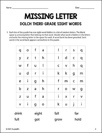 Third Grade Sight Words Worksheets - Missing Letter, All 41 Dolch 3rd Grade Sight Words