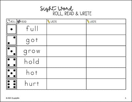 Sight Word Worksheets - Roll, Read, And Write, Includes All 220 Dolch Sight Words, 7 Variations, Grades PreK-3