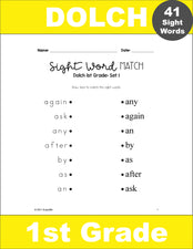 First Grade Sight Word Worksheets - Sight Words Matching, 4 Variations,  All 41 Dolch 1st Grade Sight Words, 24 Total Pages