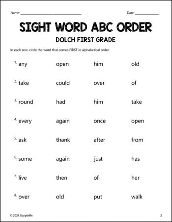 First Grade Sight Words Worksheets - ABC Order, All 41 Dolch 1st Grade Sight Words