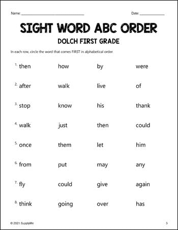 First Grade Sight Words Worksheets - ABC Order, All 41 Dolch 1st Grade Sight Words