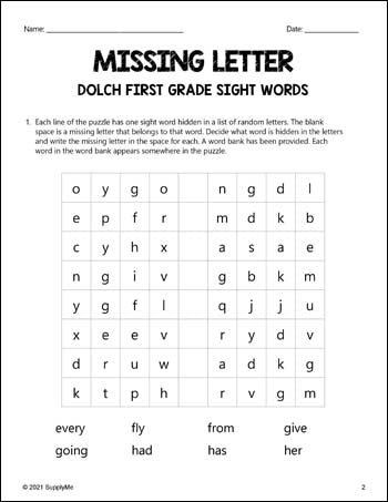 Sight Words Worksheets - Missing Letter, All 220 Dolch Sight Words, Grades PreK-3