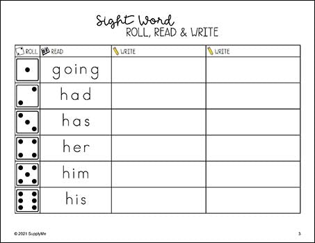 Sight Word Worksheets - Roll, Read, And Write, Includes All 220 Dolch Sight Words, 7 Variations, Grades PreK-3