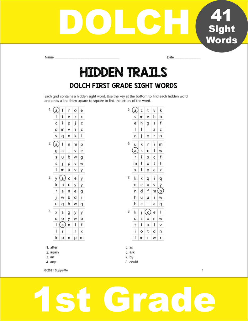 First Grade Sight Words Worksheets - Hidden Trails, 2 Variations, All 41 Dolch 1st Grade Sight Words