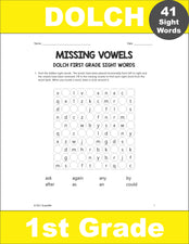First Grade Sight Words Worksheets - Missing Vowels, All 41 Dolch 1st Grade Sight Words