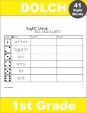 First Grade Sight Word Worksheets - Roll, Read, And Write, 7 Variations, All 41 Dolch 1st Grade Sight Words, 49 Total Pages