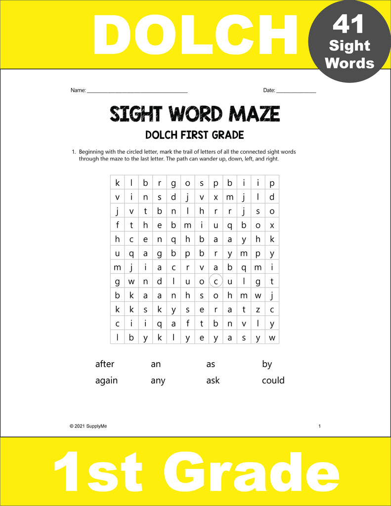 First Grade Sight Words Worksheets - Sight Word Maze, All 41 Dolch 1st Grade Sight Words