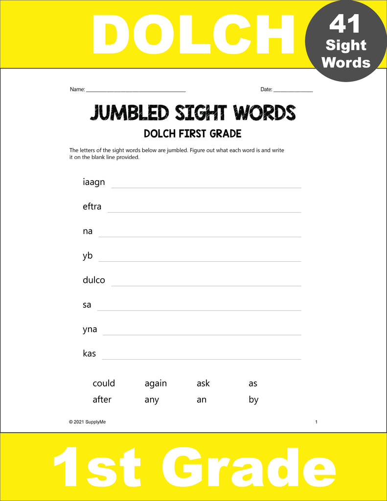 First Grade Sight Words Worksheets - Word Jumbles, All 41 Dolch 1st Grade Sight Words