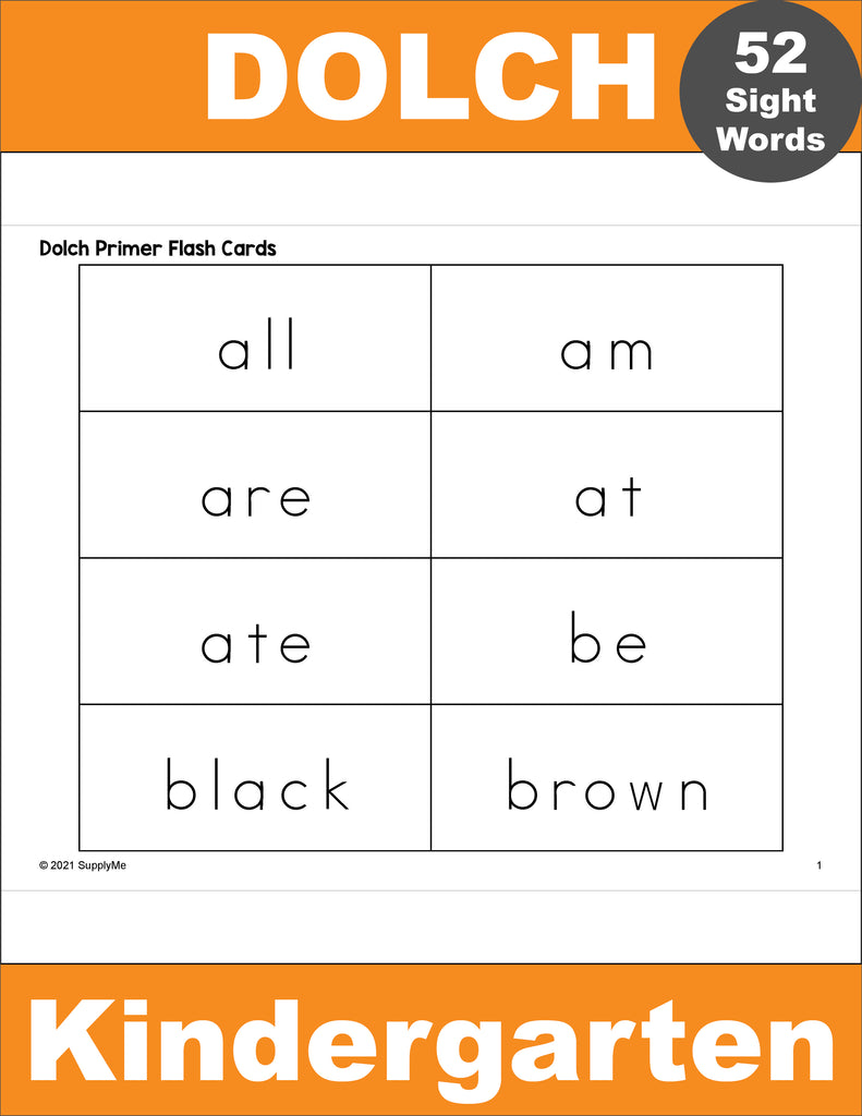 Kindergarten Sight Word Flash Cards, 5 Variations, All 52 Dolch Primer Sight Words