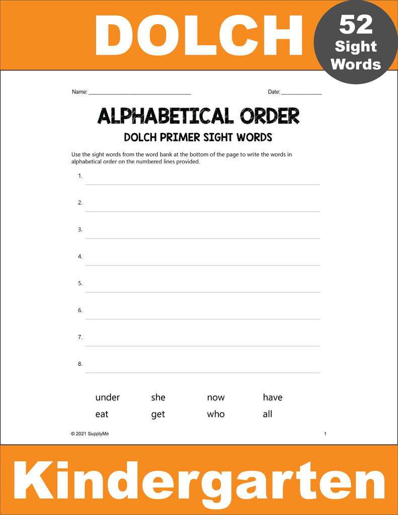 Kindergarten Sight Words Worksheets - Alphabetical Order, All 52 Dolch Primer Sight Words